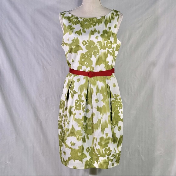 Jessica Howard Green & White Sleeveless V Back Fit & Flare Dress Pink Belt 12 - Picture 1 of 7